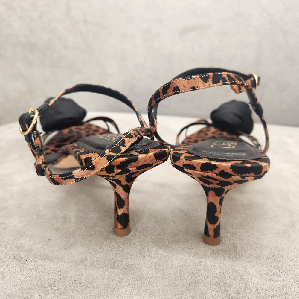 Deltan Dressy Sandals 10 Brown Satin Amayah Leopard Print Black Rosette New $110 - Picture 10 of 15
